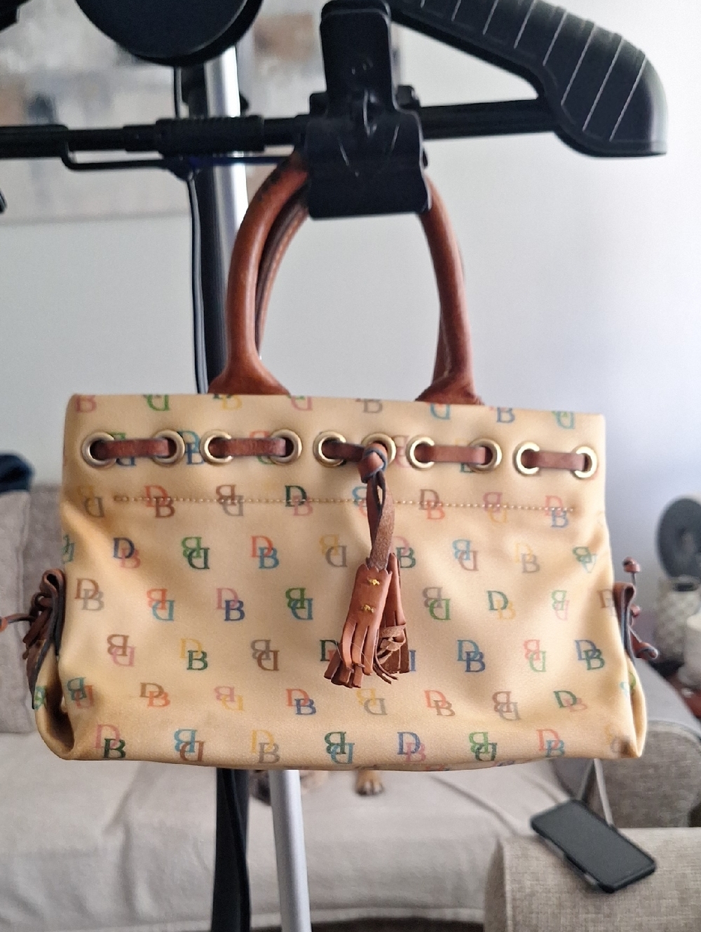 Dooney & Bourke Beige Multicolor Logo Satchel with Brown Trim